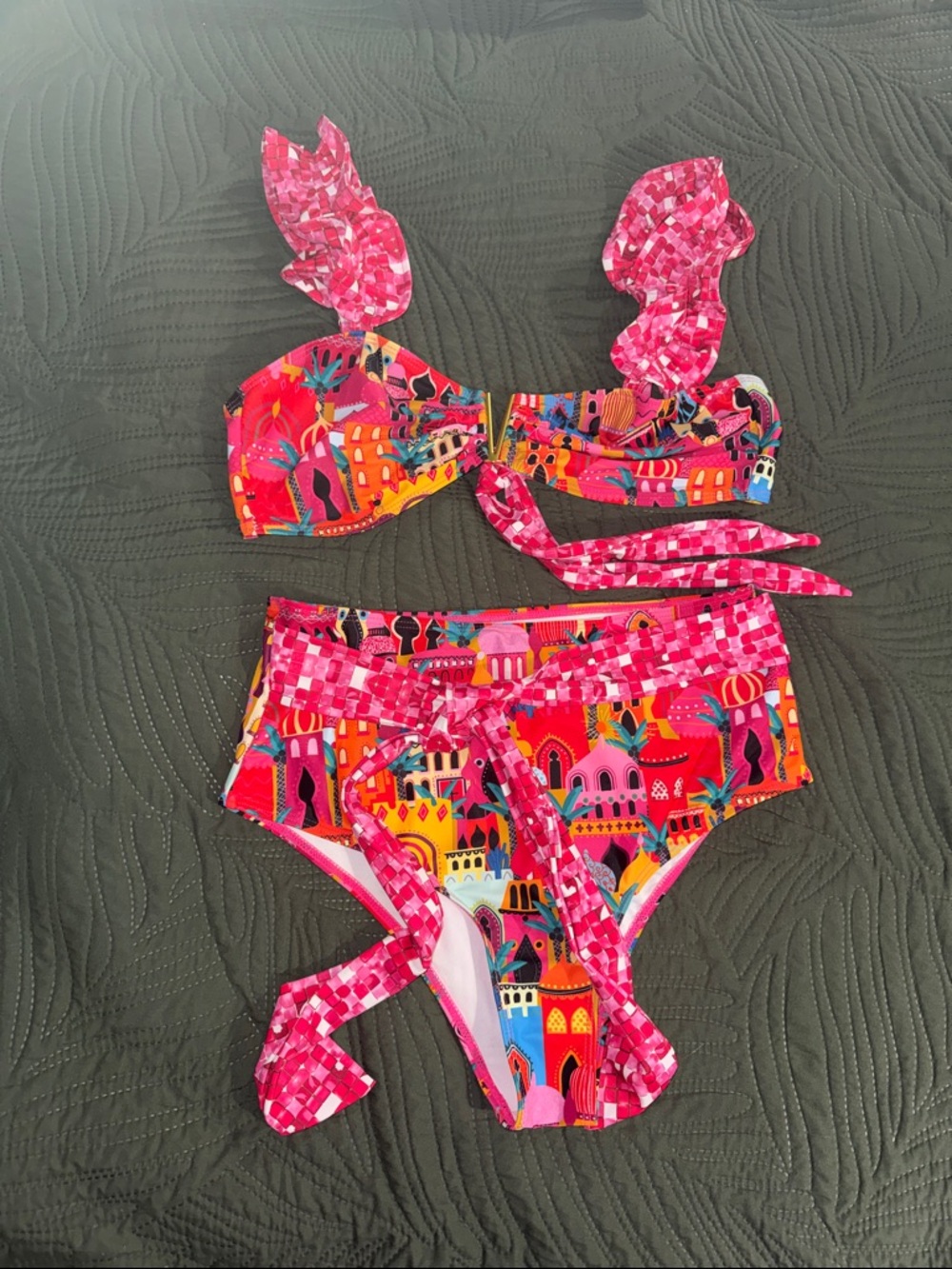 Bright Pink Multi-Print High-Waist Bikini Set